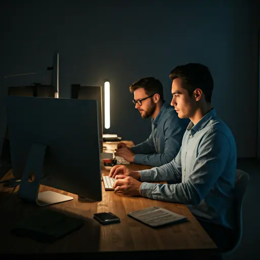 Creative professionals collaborating in a dark studio with monitors and dramatic lighting
